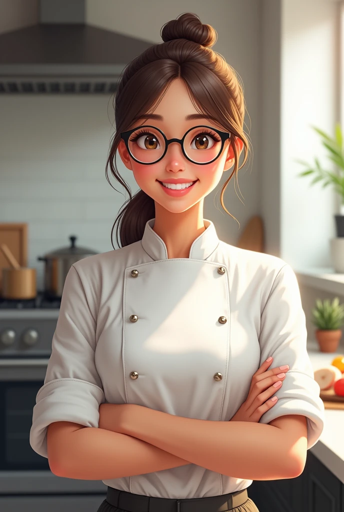 Young female cook, with glasses , with arms crossed, posing and smiling