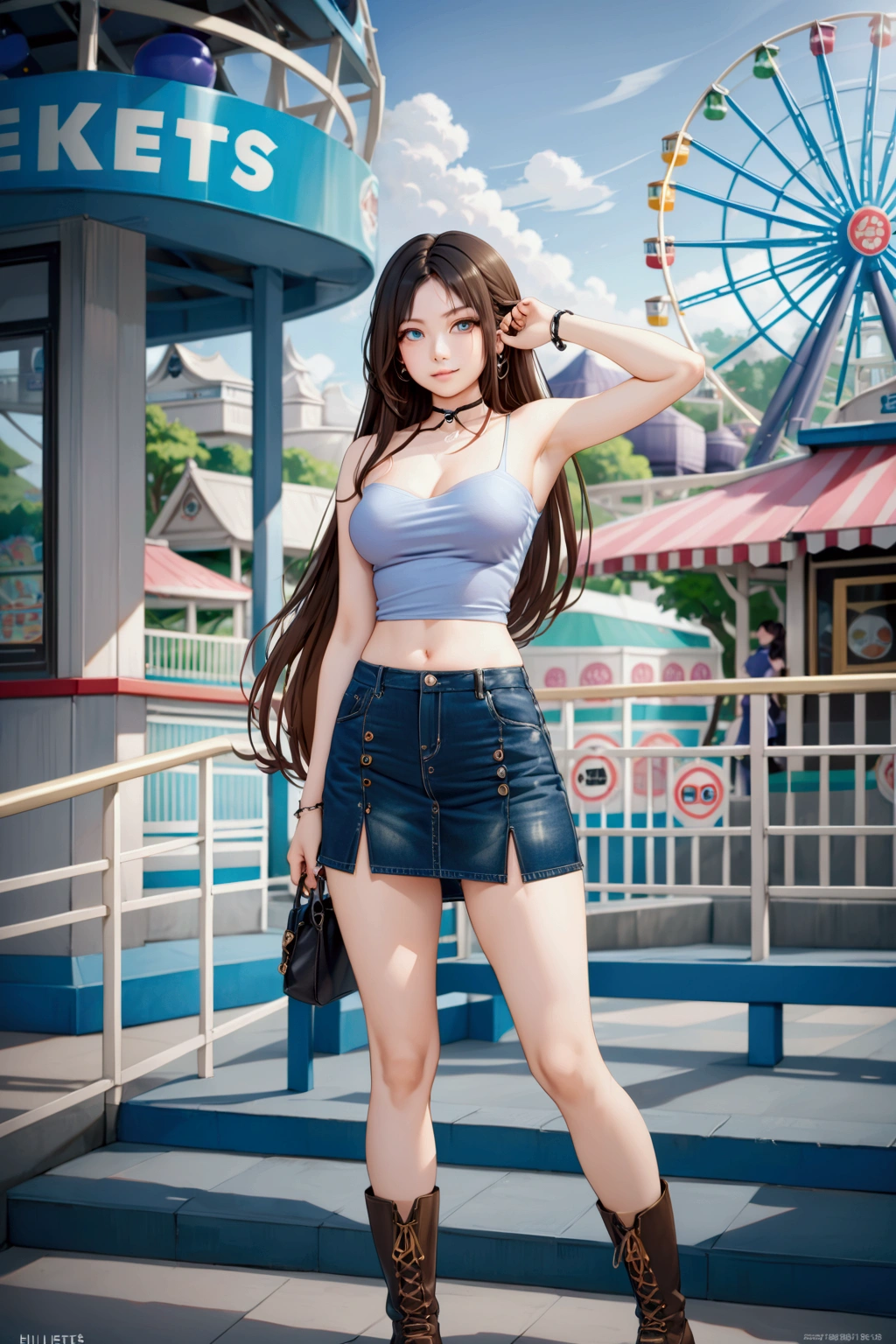 realistic anime illustration of young white skin woman at theme park, ferris wheel on background, she has black long straight hair (+multicolored hair, hilighted brown hair), wears denim pencil mini skirt, boots, (front view, looking at viewer), (1girl, solo, full body), (masterpiece, best quality, japanese anime style), (expressive eyes, perfect face)