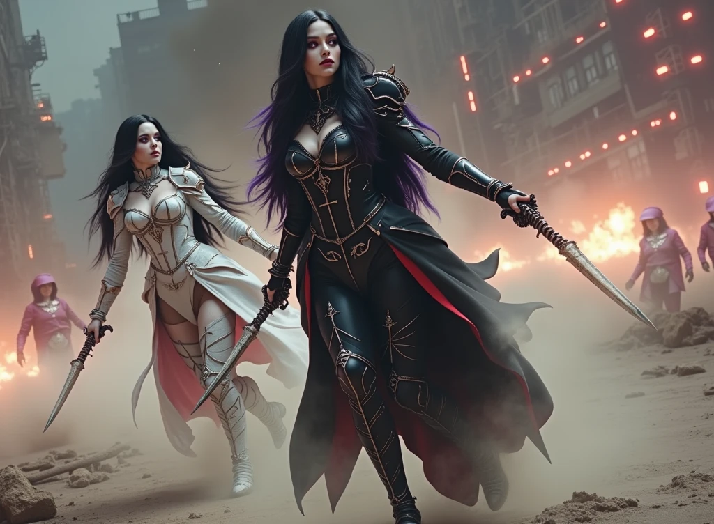 Masterpiece, Best Quality, Official Art, (Highly Detailed CG Unity 8k wallpaper), Detailed background, (Hands by Guido Daniele: 1.1). Full body pose sexy sisters of battle from the warhammer 40k, shooting at the enemy, white armor with intricate details, red armor with intricate details, religous symbols on the armor, sisters of battle, warhammer 40k, Massive silicone breast, pale skin, seductive, temptation, eat your soul, clevage, long flowing black hair with purple highlights, heavy gothic makeup, at night, neon, beautiful detailed eyes, beautiful detailed lips, extremely detailed eyes and face, long eyelashes, highly detailed armor, intricate futuristic weaponry, dramatic lighting, cinematic composition, muted color palette, gritty and realistic, mecha, science fiction, hyper-detailed, photorealistic, award winning digital art, 8k, HDR, masters work, in the middle of a battle field, full body combat action pose, explosions and fire around, full war, stunning, Stilleto heels, high heels, full body pose, cinematic, movie trailer, final stand!, nemesis, ready to strike, dust and debree, combat screams, attacking, shooting at the enemy, running forward, last line of defense, charging, fanatic, religious, templar knights, sisters of battle, warhammer 40k