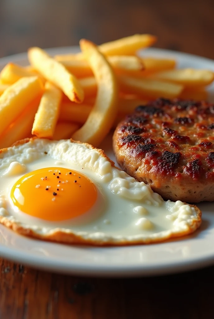 Plate of French fries, a round meat, a sausage and fried egg