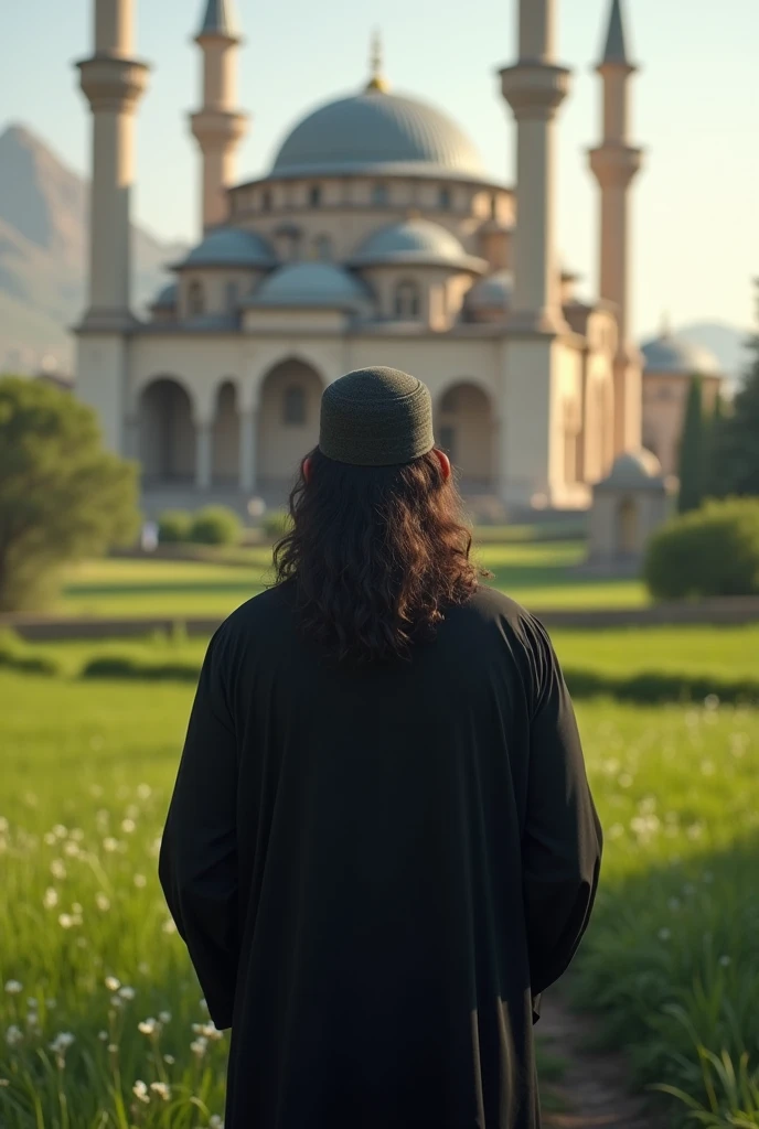 Pakistan men long hair and muslim cap
And masjid and black shirt in pilastin filk