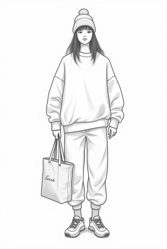 Make a linear image to color that contains: An Oversized Sweatshirt in pastel color. Add some visible mesh socks over white sneakers and a matching beanie.. Includes a fabric tote bag with a minimalist graphic design."