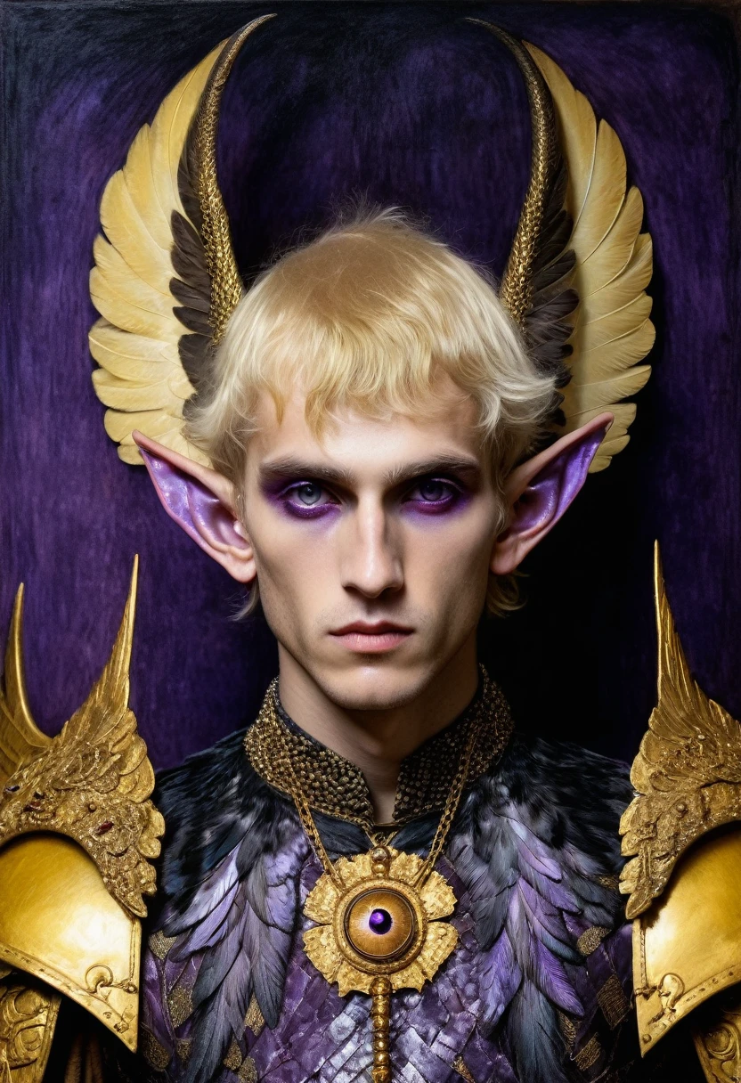 {{Colossal Masterpiece, best quality, realistic oil painting, by Franz von Stuck, by Gustav Klimt, by Gustave Moreau, surreal}}, (((((dramatic portrait of a male elf Garuda, blonde bobbed hair, purple eyes, he has three eyes, elf ears, golden yellow skin color, tan, cruel arrogant expression))))). ((((he is displaying his iridescent multicolored wings, he is wearing a blood stained armor made of holographic material, wearing bead pendants)))).