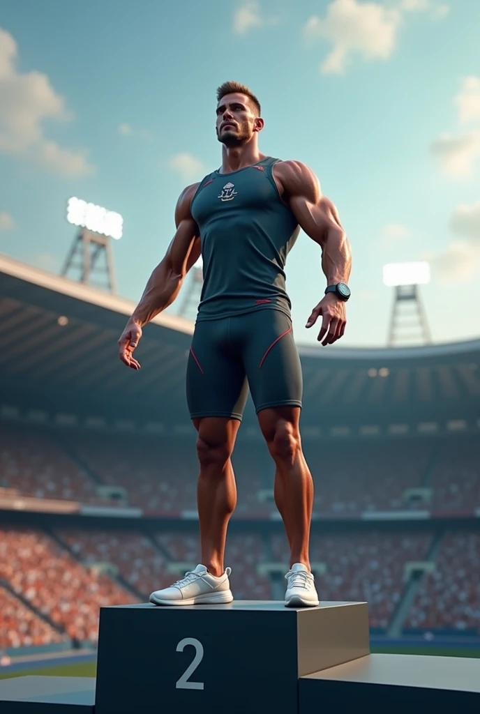 athlete on the podium using a smartwatch showing heart rate
