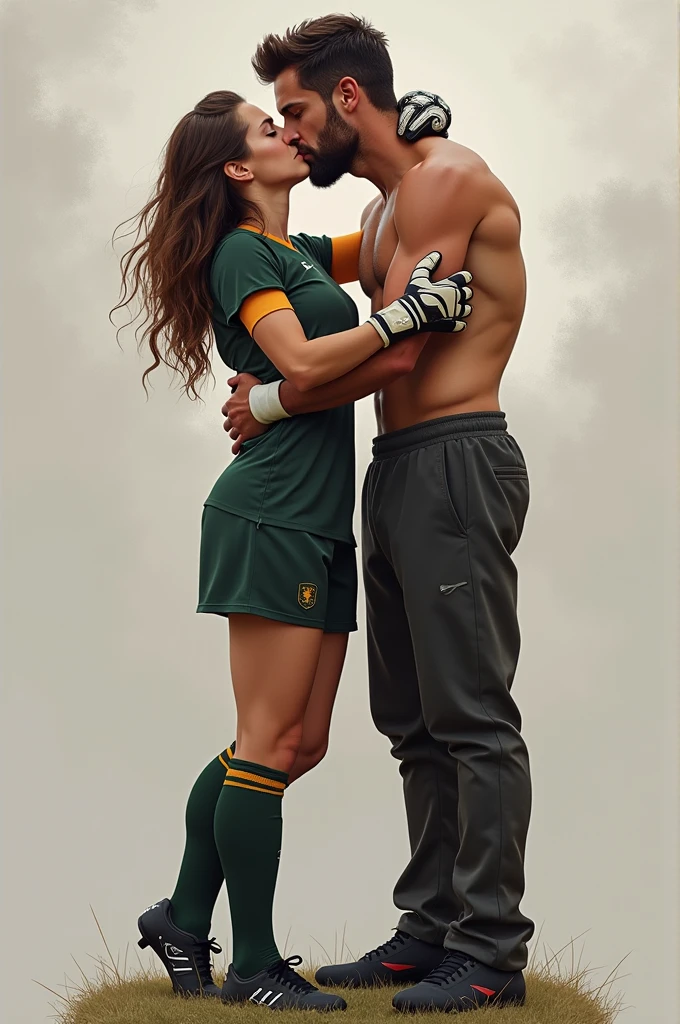 Female Soccer Goalkeeper Kissing A Normal Man Without A Shirt But With Pants The Man 