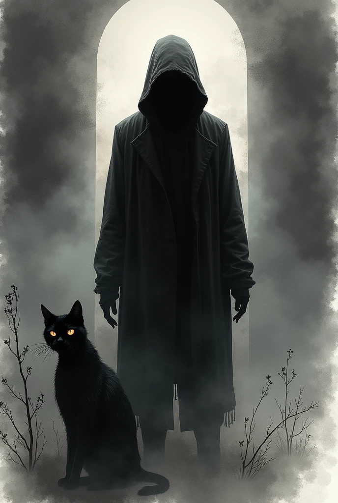 The character from the short story The Cat by Edgar Alan Poe in a scary setting with the cat. Smoky black and white silhouette illustration style in watercolor painting.
