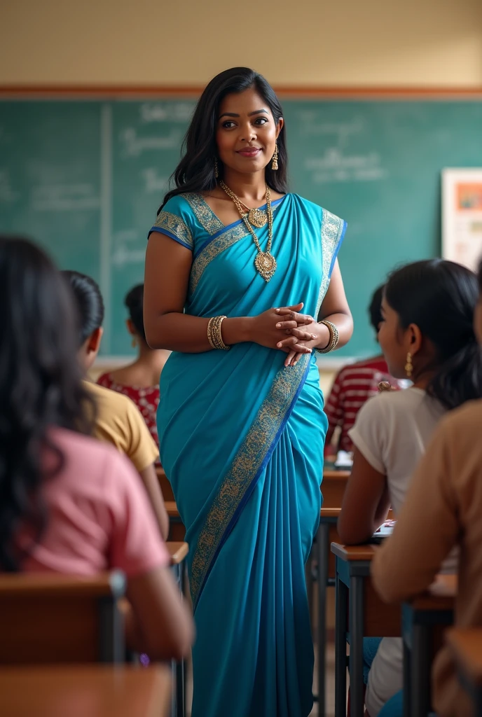 A teacher in blue saree beautiful black colour woman short height and fat and saree navel fully seen