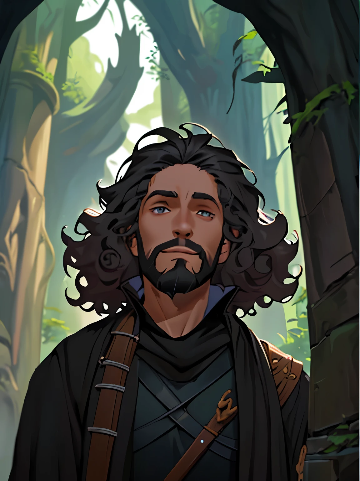 Rpg, curly hair, rpg adventure, wizard, black clothes, male, low beard
