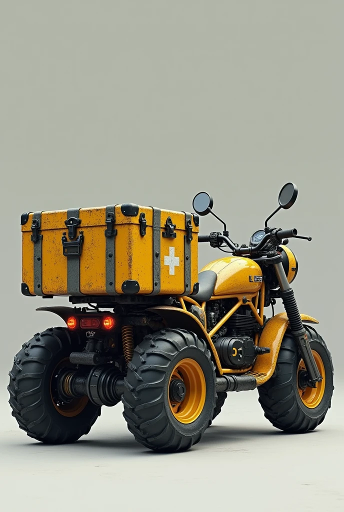 Motorcycle 250cc automatic rescue scooter type yellow gray and white post apolitical all terrain with large tires only two wheels with storage lights rustic type with exo robust steel skeleton with suitcases 