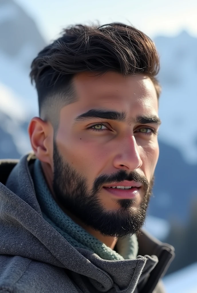 Modèle Instagram saoudien, il s’appel Omra , Ultra réaliste, le réalisme, très détaillé, corps incroyable, beauté charmant, traits du visage plus sexy, Beauté pure, 28 ans, yeux verts, brun, barbue, SFW, dents esthétiques, Pendant vos vacances au ski en Suisse.