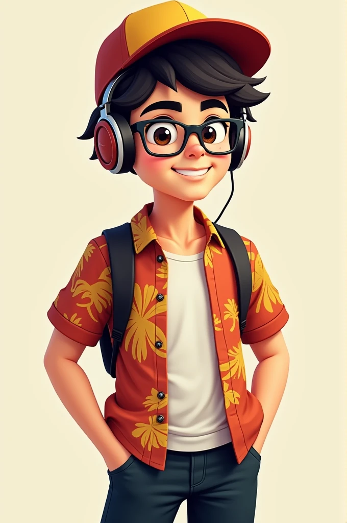 Black-haired male character with glasses, headphones and a cap and smiling, his shirt has many colors and he has black pants.