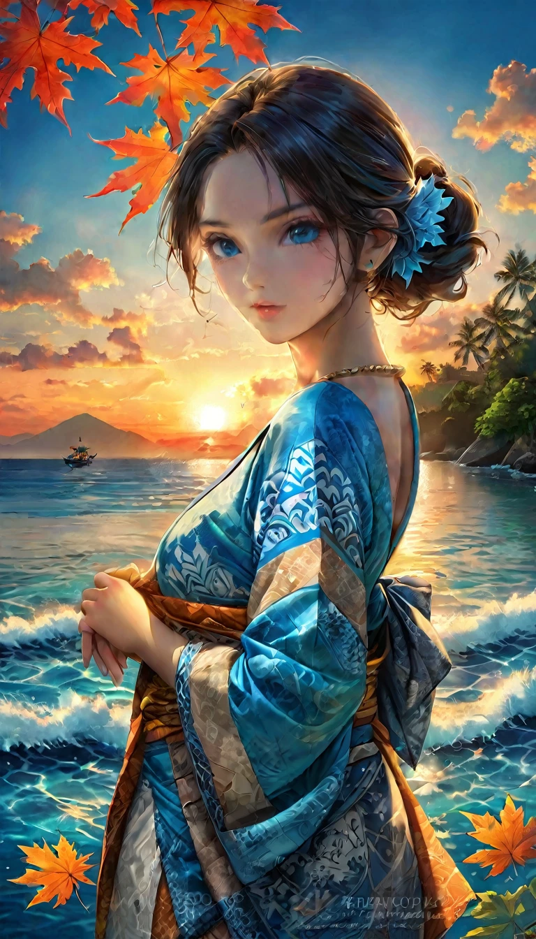 A maple leaf typography perforated vatik  carving forms the name "KRISHNA" spell correctly without wrong ,held by hand,sunset background on a very beautiful crystal blue ocean edge ,there are carve batik motifs on the leaves,HDR ultra realistic 