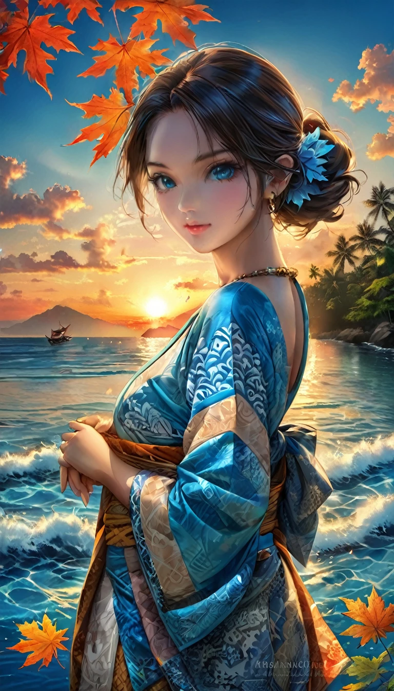 A maple leaf typography perforated vatik carving forms the name "KRISHNA" spell correctly without wrong ,held by hand,sunset background on a very beautiful crystal blue ocean edge ,there are carve batik motifs on the leaves,HDR ultra realistic