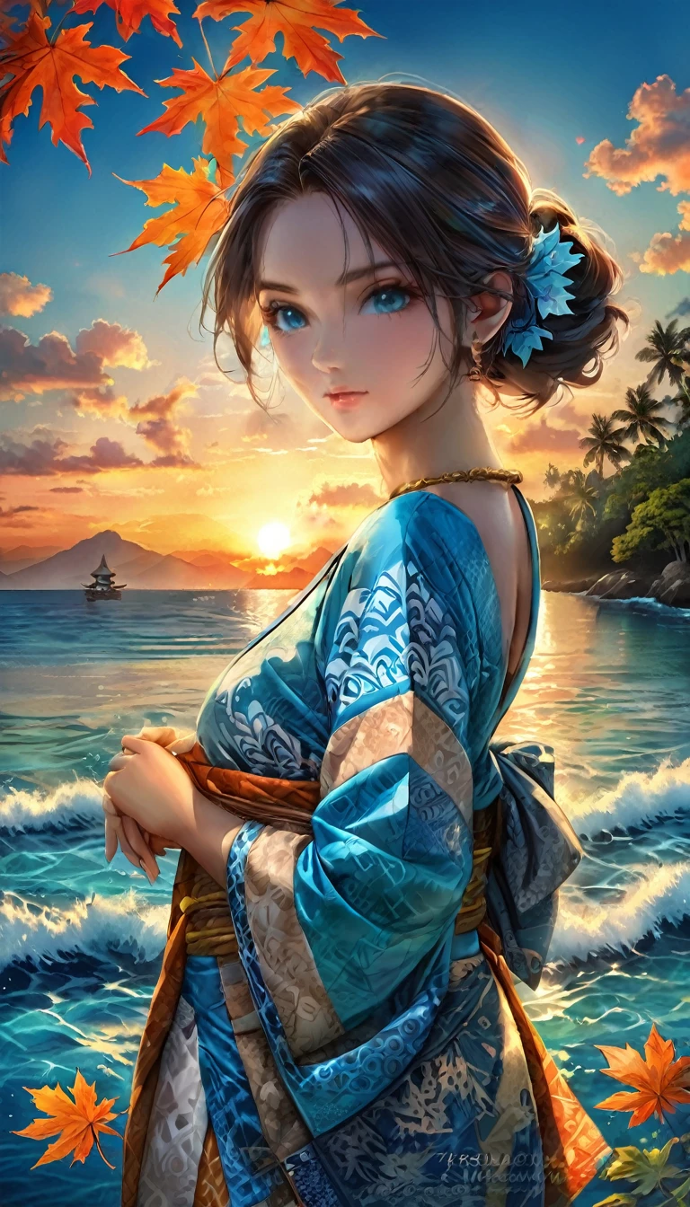 A maple leaf typography perforated vatik carving forms the name "KRISHNA" spell correctly without wrong ,held by hand,sunset background on a very beautiful crystal blue ocean edge ,there are carve batik motifs on the leaves,HDR ultra realistic