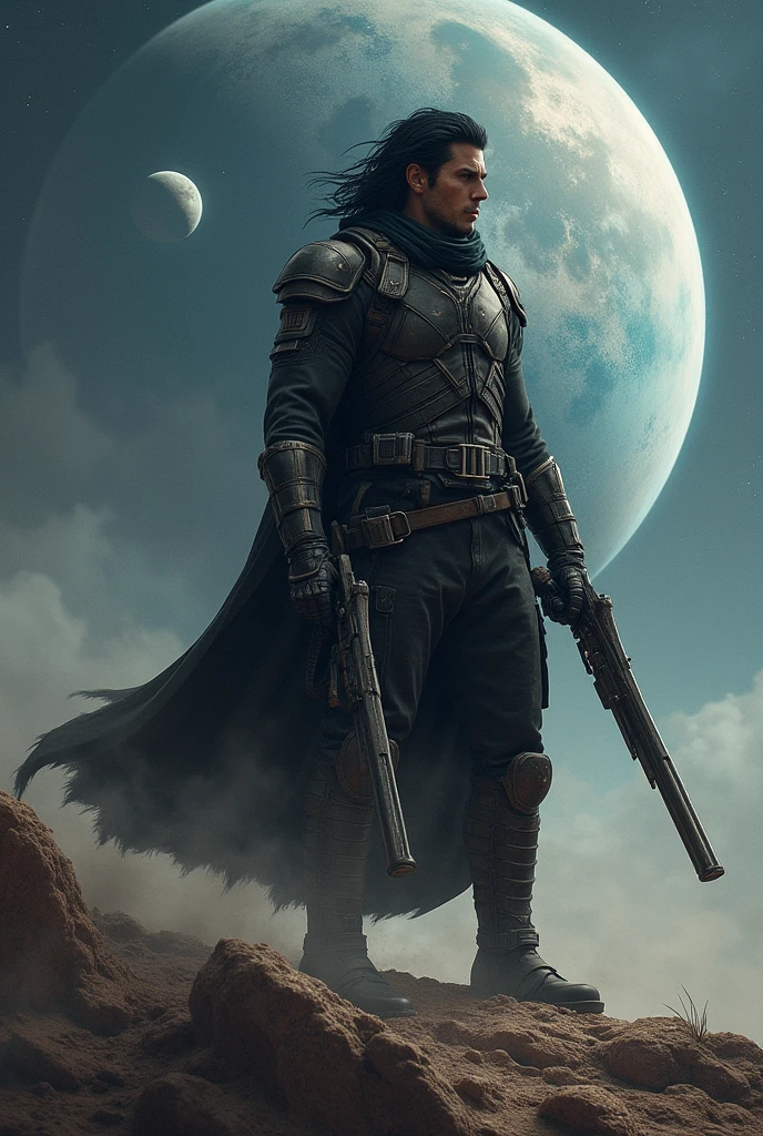 Intergalactic gunslinger with Black hair and silver eyes