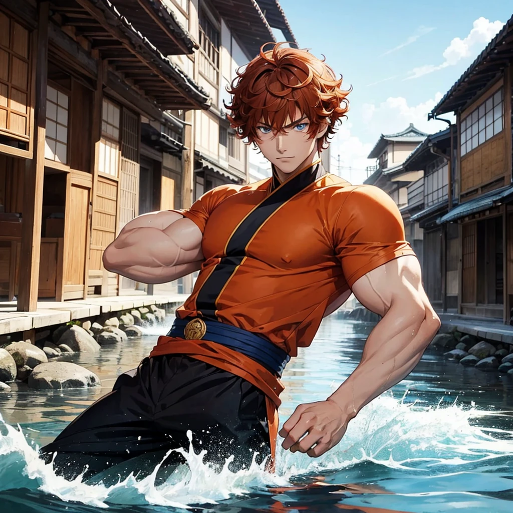 A boy with curly dark
Orange hair cut buz  blue eyes ninja anime water powers handsome in an Japanese old city