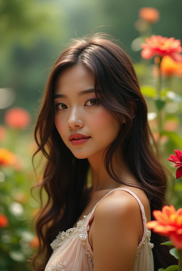 a beautiful girl in a colorful garden, long flowing hair, elegant dress, serene expression, soft natural lighting, lush greenery, vibrant flowers, (best quality,4k,8k,highres,masterpiece:1.2),ultra-detailed,(realistic,photorealistic,photo-realistic:1.37),detailed face and eyes,beautiful detailed lips,extremely detailed eyes and face,longeyela shes,vibrant colors,cinematic lighting,intricate details,photorealistic,cinematic composition,warm tones