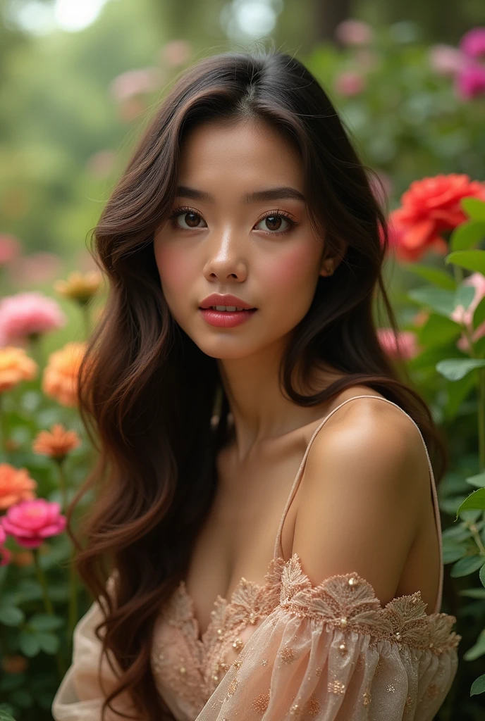 a beautiful girl in a colorful garden, long flowing hair, elegant dress, serene expression, soft natural lighting, lush greenery, vibrant flowers, (best quality,4k,8k,highres,masterpiece:1.2),ultra-detailed,(realistic,photorealistic,photo-realistic:1.37),detailed face and eyes,beautiful detailed lips,extremely detailed eyes and face,longeyela shes,vibrant colors,cinematic lighting,intricate details,photorealistic,cinematic composition,warm tones