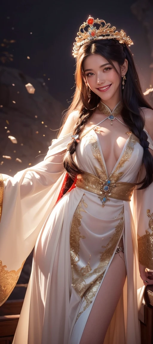 portrait of a beautiful 20 year old holy woman, wearing a thin multicolored silk dress, a beautiful face without blemish, without freckles and moles on her face, (((beautiful smile:1.4))), ((7 color long hair:1.2)), big crown, hair brooch, hanfu dress, chinese ancient style, full body jewelry, forehead tattoo: (very even and red lips, face full of details, face 1.8) the goddess' skin is smooth white, rosy, cinematic, light and dark, dramatic light, magical light, extremely detailed light, true color, super sharp, realistic, 8k quality, fantasy universe background, saint and magical space, the most detailed image,