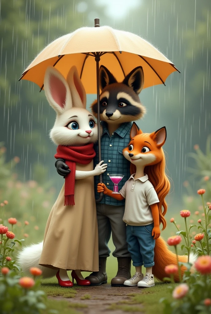 Snow-white anthropomorphic fluffy hare with blue eyes and long flowing light blond hair. A hare in a dark beige floor-length dress and a scarlet scarf. Shoes hare scarlet heels. The hare is hugged by an anthropomorphic raccoon in a blue checkered shirt and gray pants. Raccoon Shoes Gray Boots. In front of them stands an anthropomorphic orange fox with orange, loose hair reaching the floor.. The fox is shorter than them.. The fox is wearing a white long-sleeved polo shirt and blue jeans.. Fox shoes white sneakers. The fox holds a glass of grape cocktail with a straw in its paw. They all stand under one beige umbrella.. Background meadow and rain.