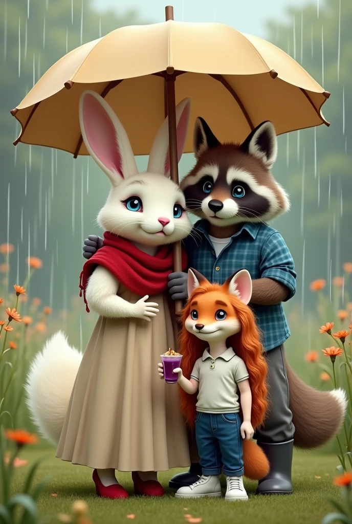 Snow-white anthropomorphic fluffy hare with blue eyes and long flowing light blond hair. A hare in a dark beige floor-length dress and a scarlet scarf. Shoes hare scarlet heels. The hare is hugged by an anthropomorphic raccoon in a blue checkered shirt and gray pants. Raccoon Shoes Gray Boots. In front of them stands an anthropomorphic orange fox with orange, loose hair reaching the floor.. The fox is shorter than them.. The fox is wearing a white long-sleeved polo shirt and blue jeans.. Fox shoes white sneakers. The fox holds a glass of grape cocktail with a straw in its paw. They all stand under one beige umbrella.. Background meadow and rain.