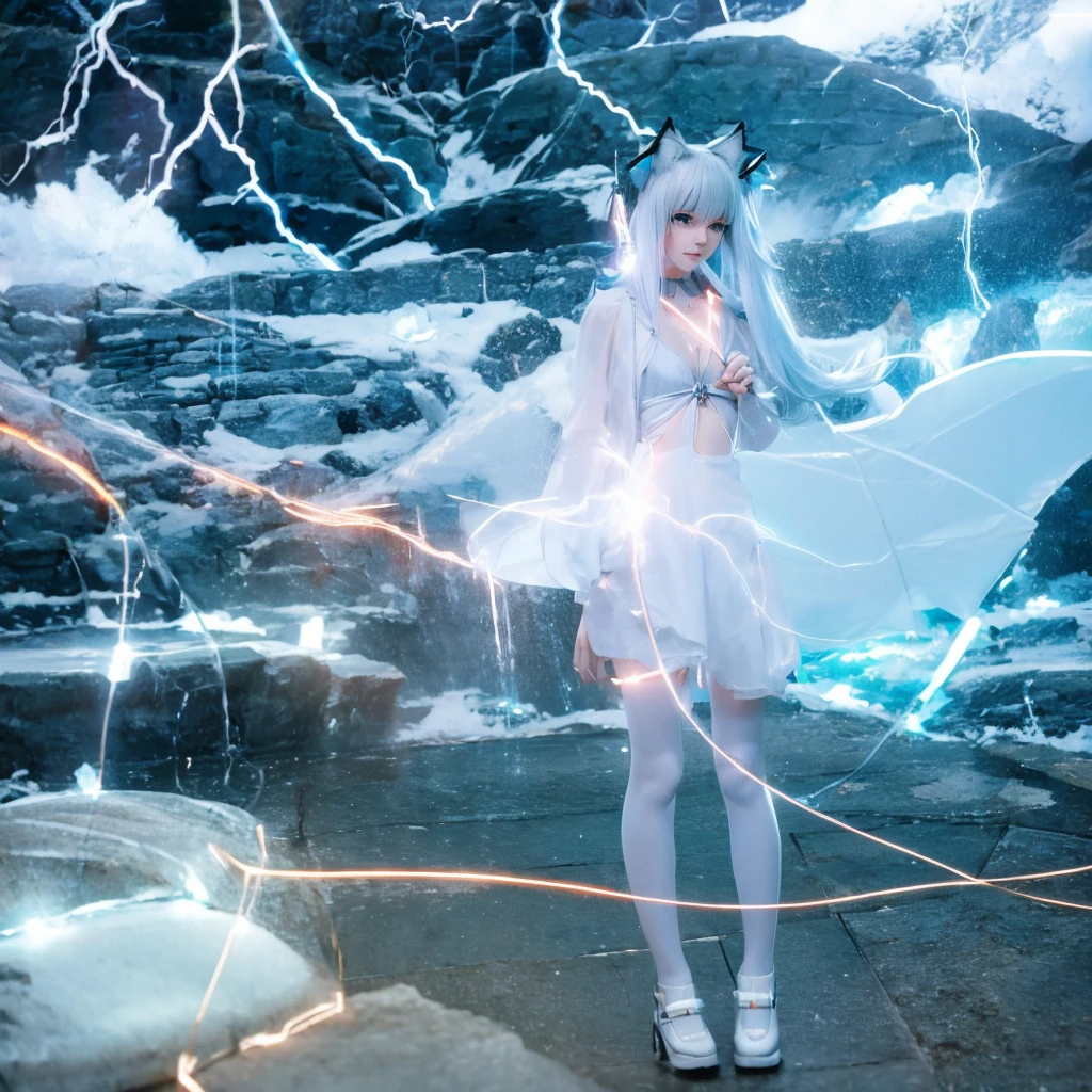 Electric Neko Girl

heavy rain, grey clouds create a blurred image of a transparent full length ghost girl, cat ears, sparkling with electric discharges