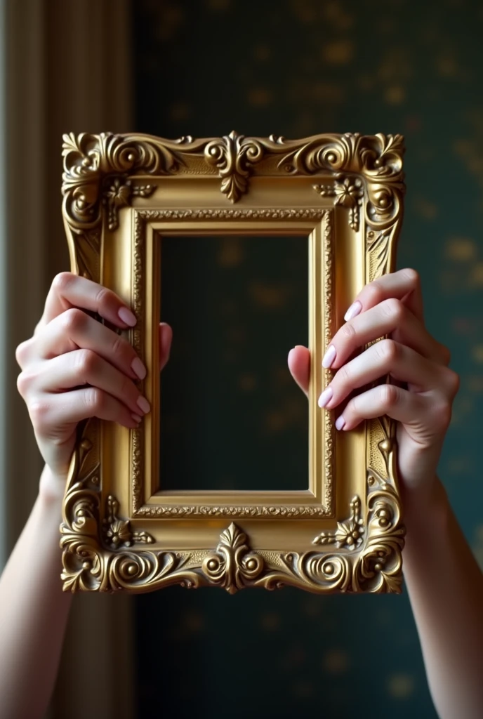 female hands holding a large size picture frame