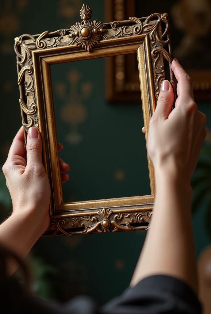 female hands holding a large size picture frame