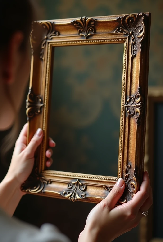female hands holding a large size picture frame