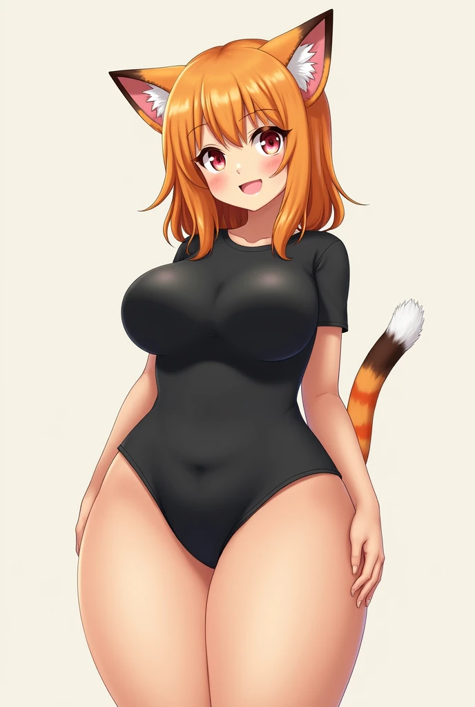 human with orange and white cat ears and tail with black shirt with big breasts and tail that looks more animal 