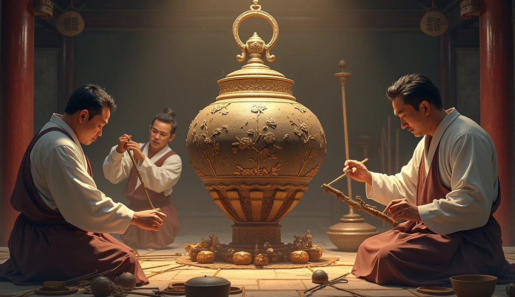 Men building a Chinese Bell