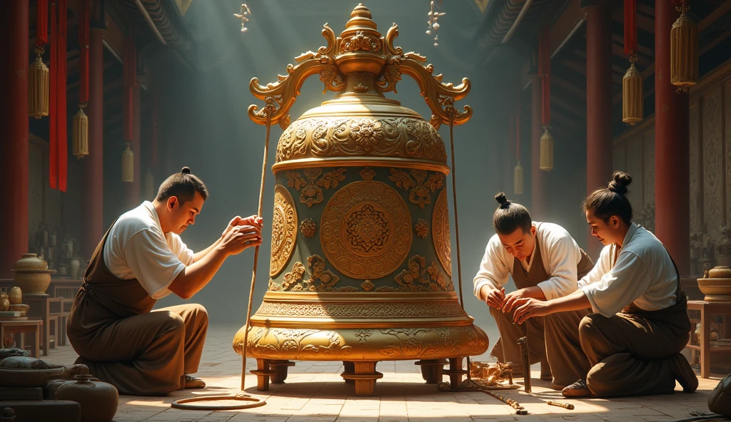 Men building a Chinese Bell