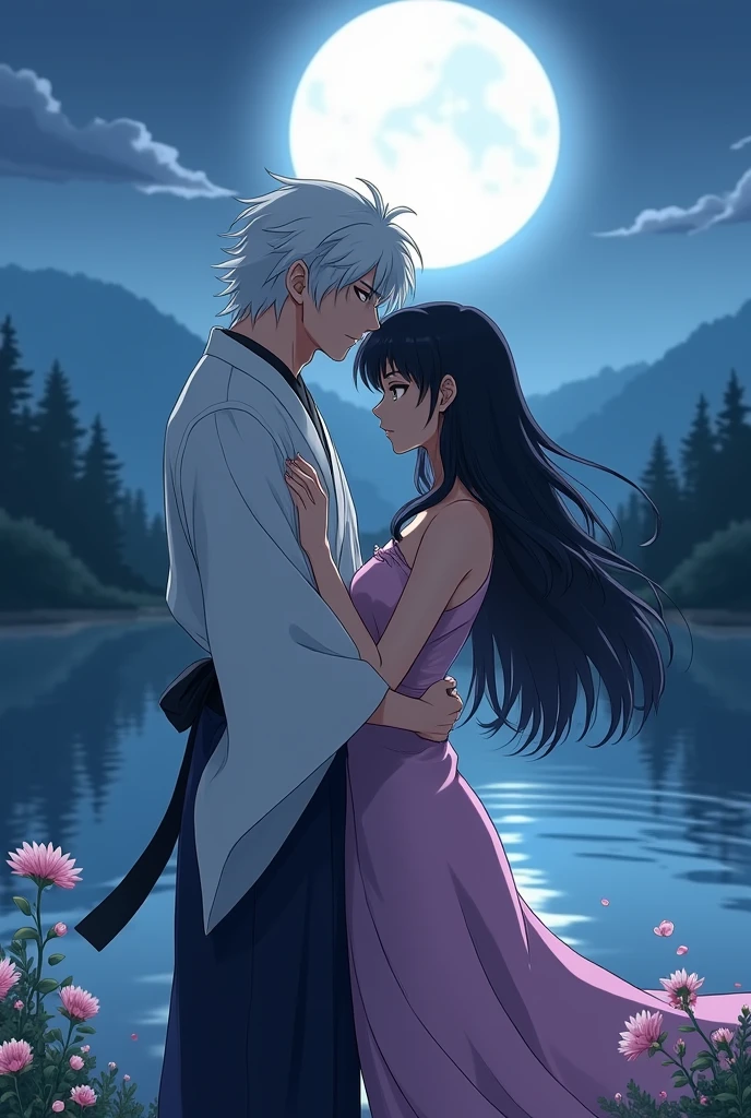 Create a 2D anime-style image of a white-haired man. He should be inspired by Saizo Kirigakure from Ninja Love., He must be hugging a black-haired woman and in the background of the image there must be a lake illuminated by the full moon.