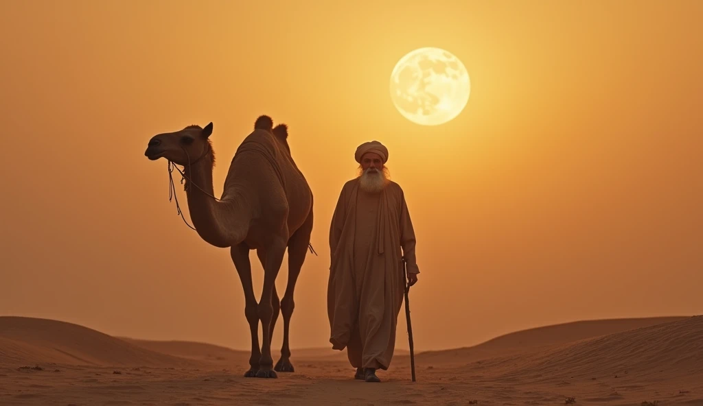 "An elderly religious man wearing a turban from ancient times, walking beside a camel in a vast desert. The warm glow of the setting moon bathes the scene in a sky light, highlighting the spiritual and serene atmosphere thhe scenes captured is from backside."