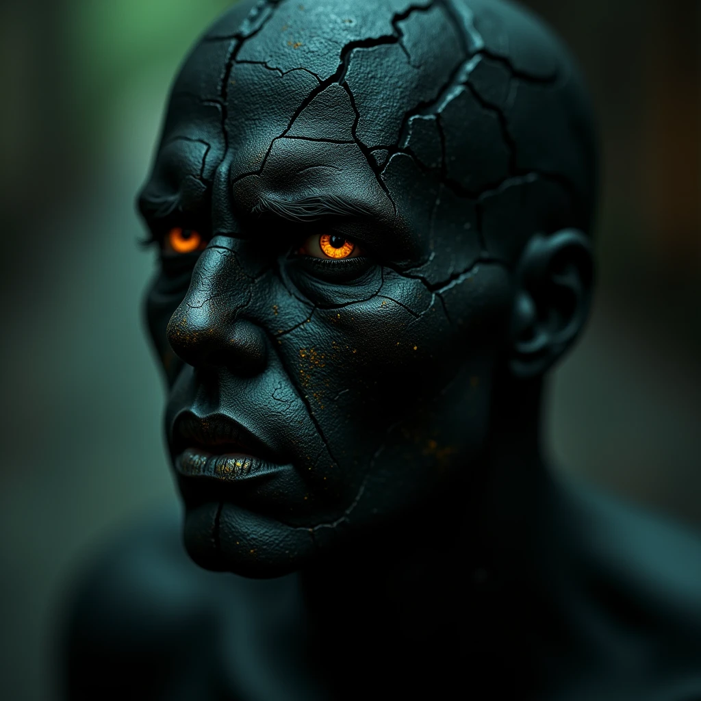 Extreme close-up shot of a black asphalt head of a male figure with a cracked and shattered face, hlboké praskliny a chýbajúce časti tvare odhaľujú stopy boja, the undergarments in the cracks glisten and shine with an intense green light, vyzekajuca zarica tekutina steká po rozbitom povrchu, eyes filled with intense anger, pain, every detail of the broken asphalt is highlighted, tvrde, but focused lighting, which highlights the cracks and flowing lava on the face, blurred background to emphasize raw emotion and anger, hyperrealistické, film lighting.