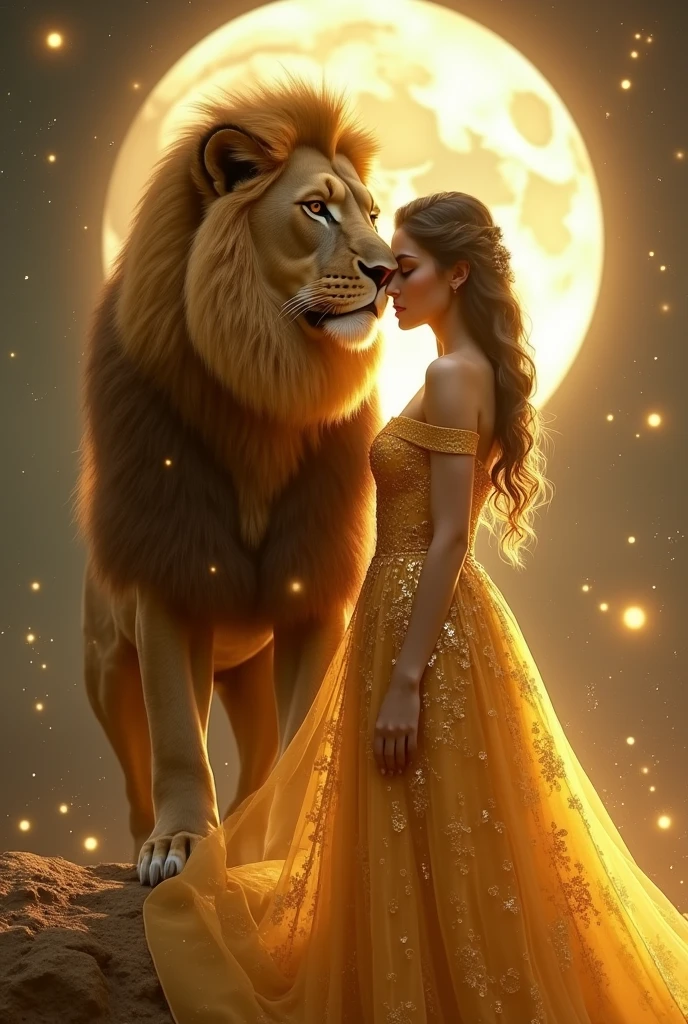 Golden lion and beautiful girl with golden long gown and background night moon 