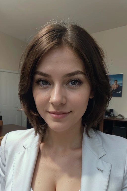 realistic cartoon picture, Insurance manager 30-year-old white Caucasian woman called with blue suit looking straight to the camera, Energetic, warm, friendly, satisfaction, cosy, elegant, looking into camera. closed-mouth smile, flirtatious caucasian, perfect skin, prominent cleavage, moderate makeup, 8k professional photo, perfect composition, endless detail, high-resolution photograph using an 85mm lens for a flattering perspective.