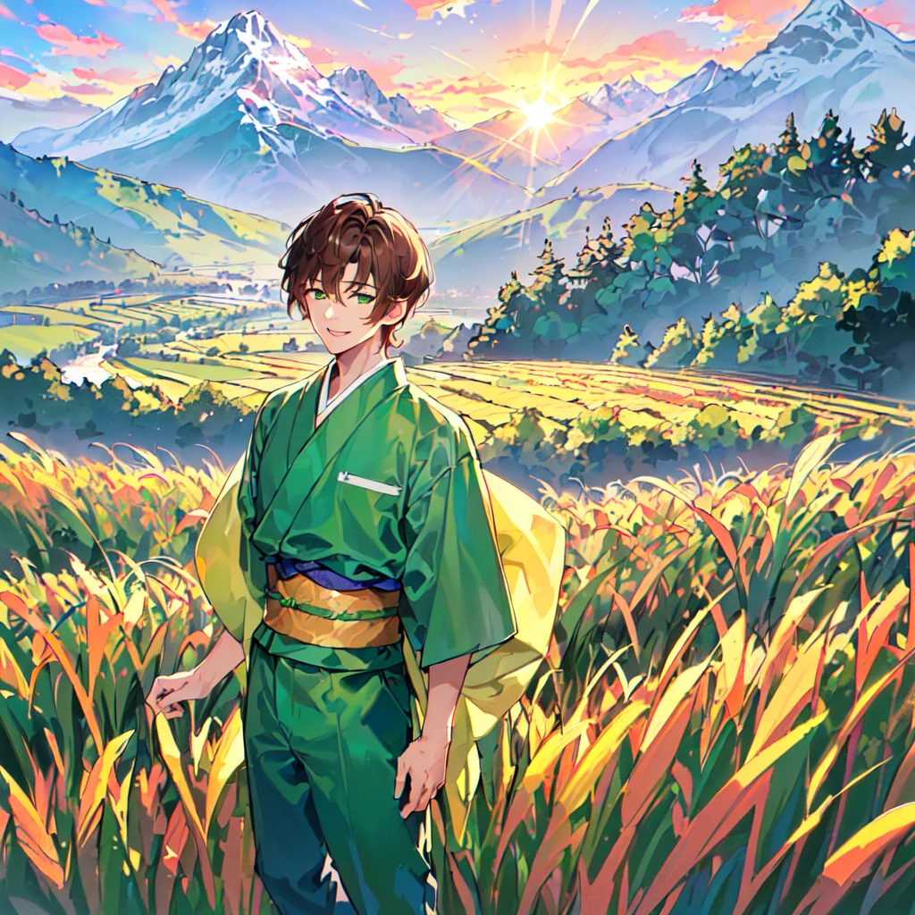 masterpiece, best quality, high quality, extremely detailed, (1 male handsome age 19, solo alone: 1.5), (short short hair: 1.5), (brown hair color), (yellowish green eyes: 1.3), 8 heads tall, slender nose, facial muscles, throat (Kimono with short sleeves and pants: 1.3), (standing), (dynamic pose), (smile: 1.3), (background rice field and mountains: 1.3), (morning sun: 1.3)