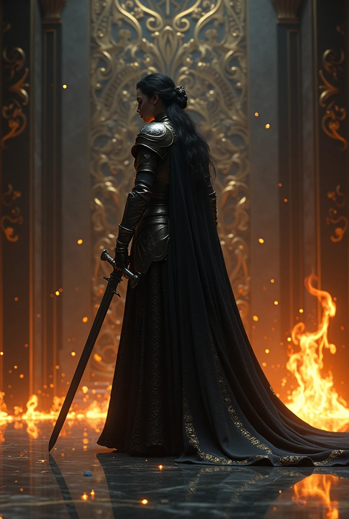 Black marble background with small details of gold engravings. Details of small sparks of fire that melt from orange to gold. In the center a subtle and small silhouette of a woman in armor stabbing a sword in the distance.