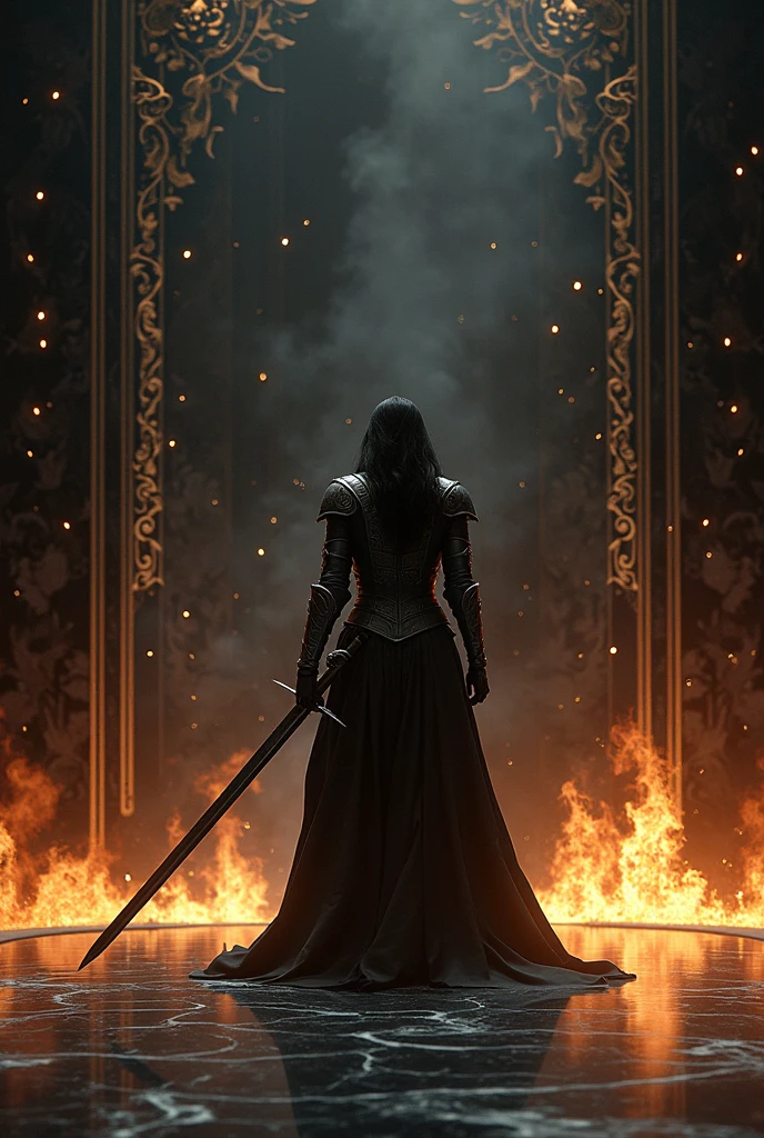 Black marble background with small details of gold engravings. Details of small sparks of fire that melt from orange to gold. In the center a subtle and small silhouette of a woman in armor stabbing a sword in the distance.