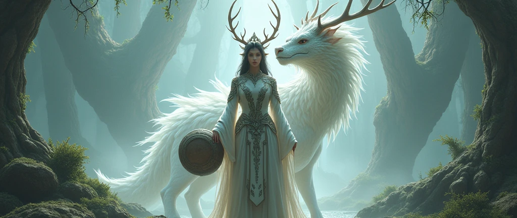 Queen. white dragon, shaman deer antlers clothing . shaman's drum. 