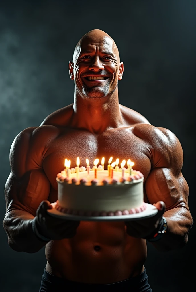 A muscular  smiling shirtless Dwayne Johnson, highly detailed, holding a large birthday cake, dramatic lighting, cinematic, epic, dramatic pose, 8K, photorealistic, hyper detailed, chiaroscuro lighting, muscular body, veins, sweat, dramatic expression, birthday party, birthday celebration, studio lighting, volumetric lighting, cinematic framing, strong shadows, high contrast, vivid colors, vibrant 