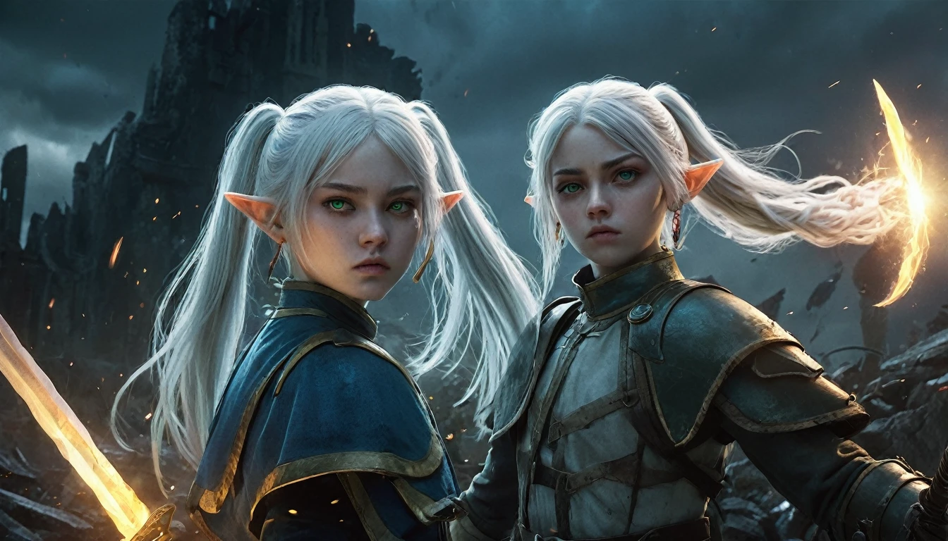 Epic battle scene, photoreal, fantasy, 4 characters, 1 white haired girl, long hair, twintails, pointy eyes, green eyes, white capsule, jewelry, earrings; 1 tall man with sword short blue hair, 1 old dwarf with staff wearing helmet with a huge blonde beard, bright flash of light in the background; silhouettes fading into the light, Frieren watching sadly, battlefield ruins, reddish dark skies, emotional and dramatic lighting, realistic skin and textures, ultra-details, Lord of the Rings style creatures and goblins.