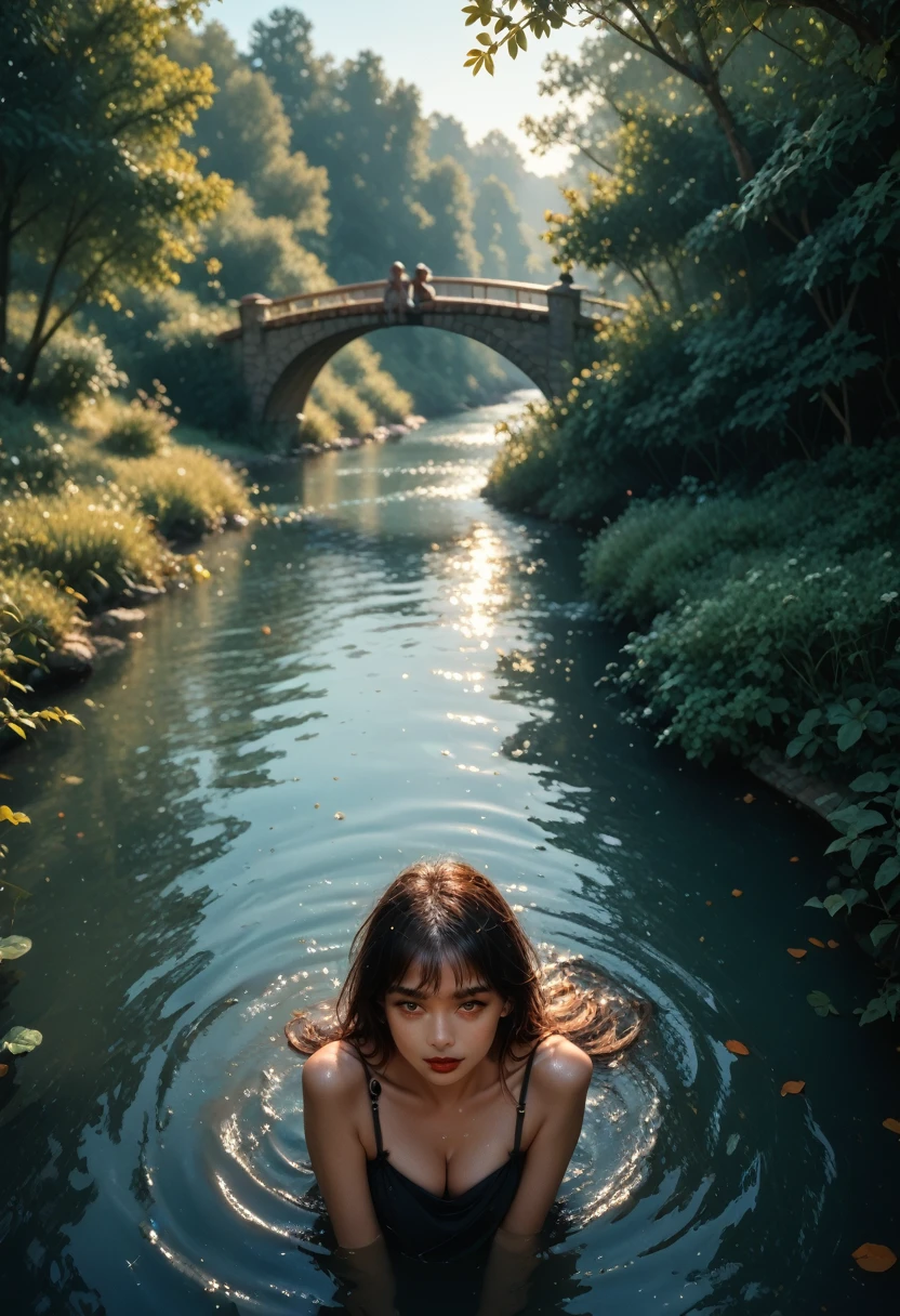 Sexy Big Boobs On Bridge Looking At Water