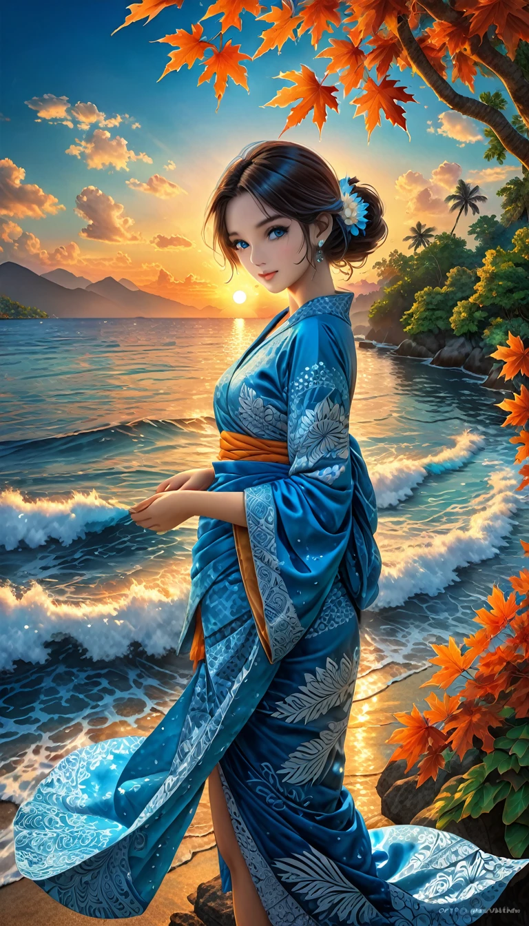 A maple leaf typography perforated vatik carving forms the name "KRISHNA" spell correctly without wrong ,held by hand,sunset background on a very beautiful crystal blue ocean edge ,there are carve batik motifs on the leaves,HDR ultra realistic