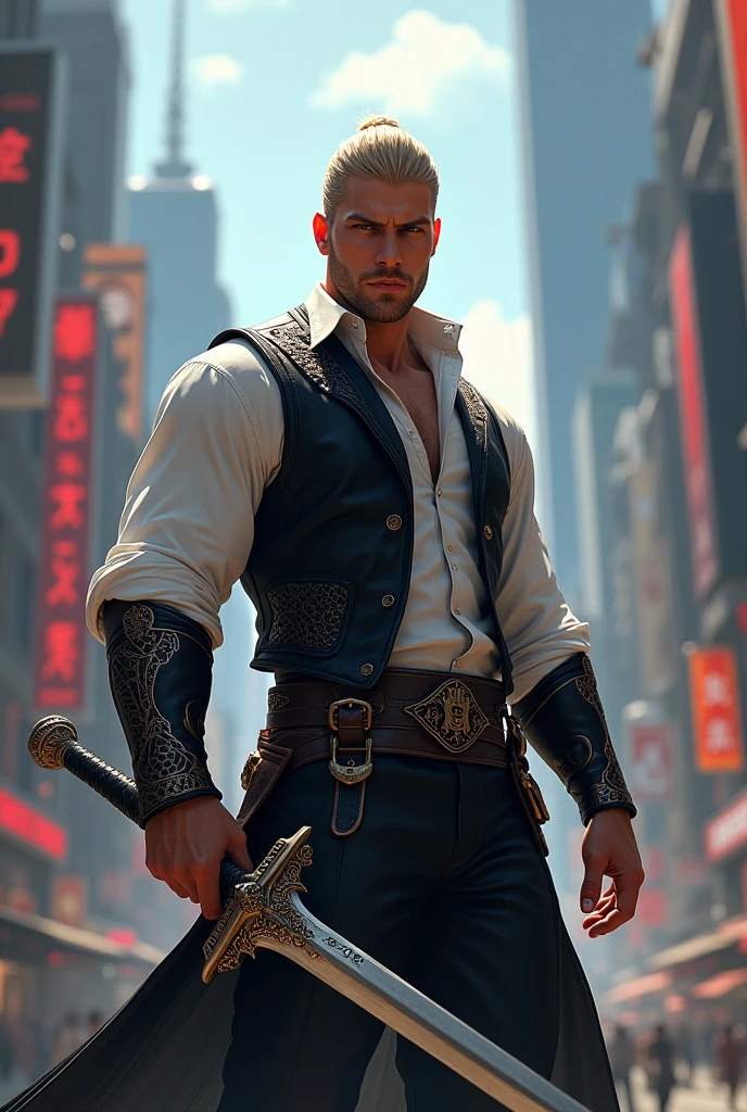 Diluc Ragnvindr in white shirt with black vest holding sword with city background from lower view