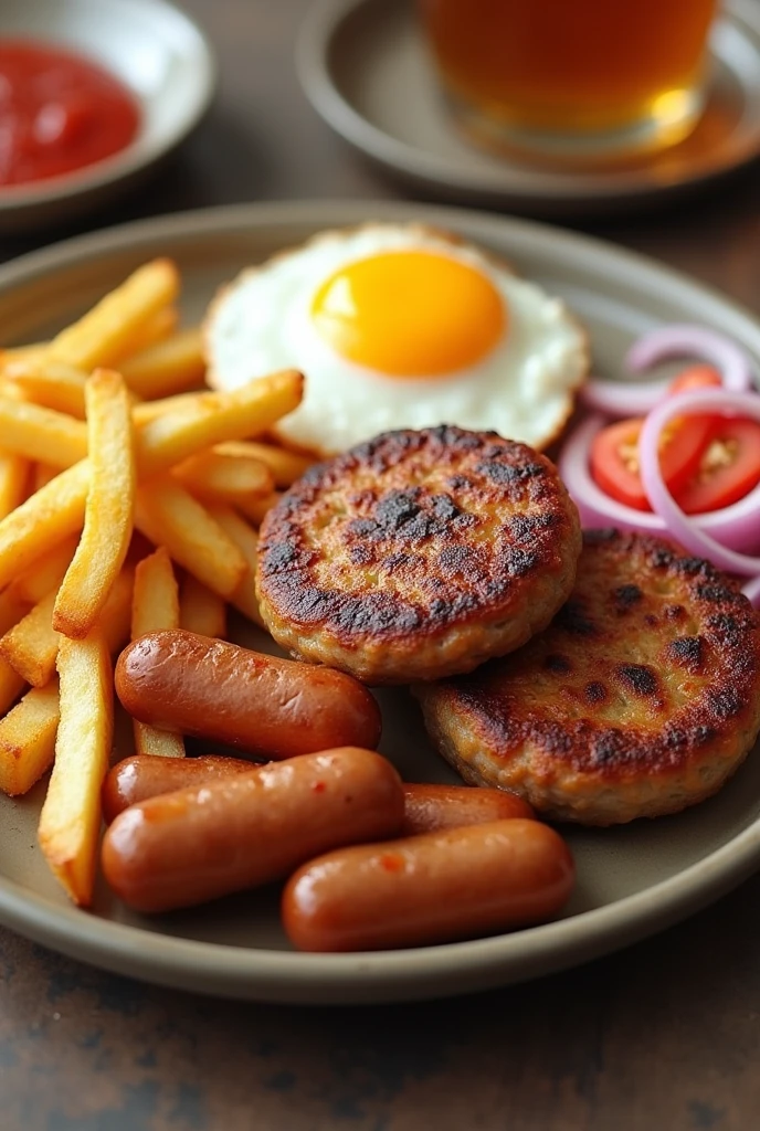 Plate of French fries, a round meat, a small sausage and fried egg and onion and tomato salad