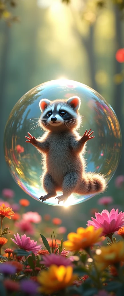 A mesmerizing 3D conceptual art piece captures a small, fluffy raccoon suspended in a translucent glass orb, right in the heart of a vibrant, enchanting flower garden. The raccoon's iridescent body beautifully reflects and refracts the surrounding colors, creating a captivating interplay of light and color. Its fur is adorned with intricate details, and the surface of its body shimmers with a fun dance of lights. Sunlight filters through the canopy, casting dappled patterns on the forest floor and illuminating the diverse array of flowers below. Each flower has its unique color and shape, adding to the enchanting beauty of this one-of-a-kind, breathtaking scene., 3d render, photo, conceptual art