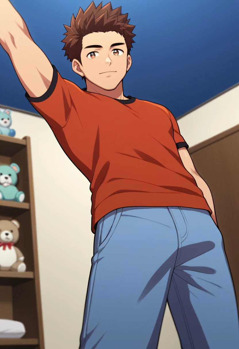 score_9, score_8_up, score_7_up, source_anime, rating_safe, intricate details, anime screencap, , , looking at viewer, depth of field, 1boy, solo, male focus, taiju_ooki, brown hair, brown eyes, short hair, spiked hair, from below, bedroom, (plush), midnight, stretching, sparkling eyes, zombie hunter costume, 