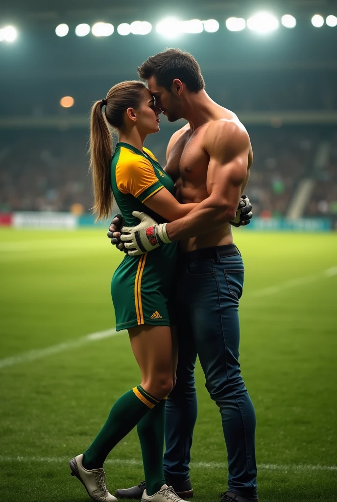 Female Soccer Goalie Kissing a Normal Man Shirtless But Wearing Pants The Short Man